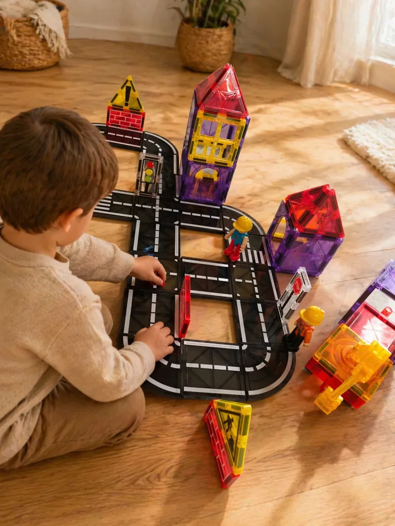 Otroci se igrajo z barvitimi magnetnimi ploščicami